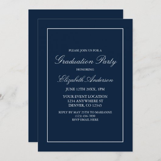 Einladung Minimalistischer Navy Blue Abschluss (Vorne/Hinten)