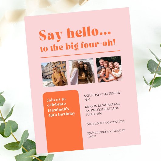 Einladung mit 3 Fotos, 40. Geburtstagsretro