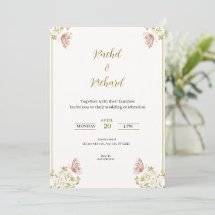 Einladung mit goldfarbenen und rosa Blumendesigns
