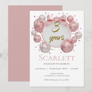 Einladung mit Luftballons und rosa Schleifen zum 3