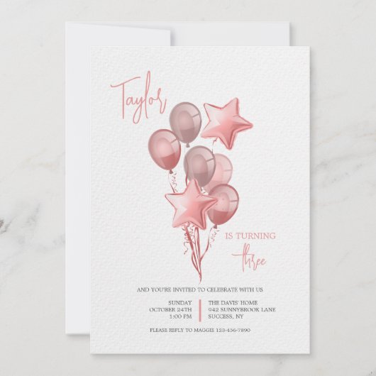 Einladung mit rosa Ballons (Vorderseite)