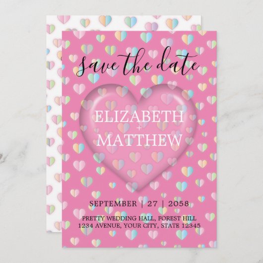 Einladung mit rosa Herz- und Fußklecksvorlage (Vorne/Hinten)