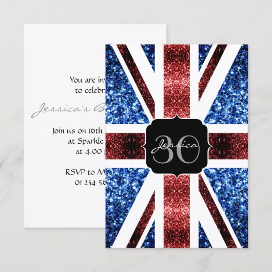 Einladung mit roten und blauen Glitzer-UK-Flagge u (Vorne/Hinten)