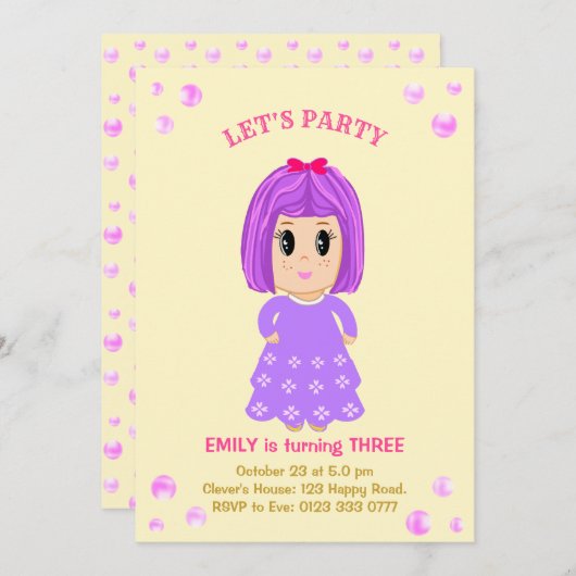 Einladung niedlicher Mädchen zum Geburtstag (Vorne/Hinten)