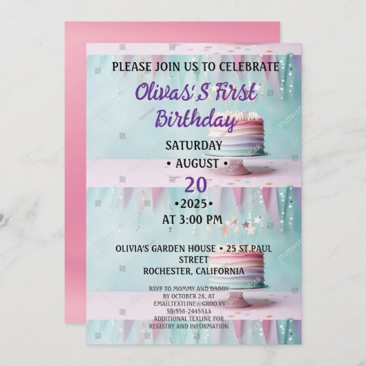 Einladung ONEderful Pink Floral 1. Geburtstag (Vorne/Hinten)