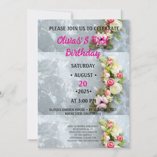 Einladung ONEderful Pink Floral 1. Geburtstag (Vorderseite)