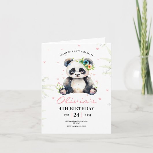 Einladung Panda zum Geburtstag, Panda Girl Geburts (Vorderseite)