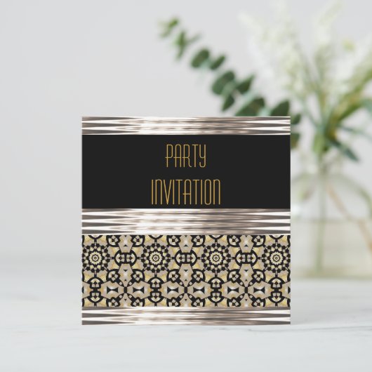 Einladung Party Art Deco Black Silver Gold (Stehend Vorderseite)