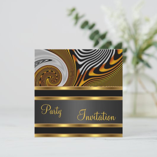 Einladung Party Exotic Abstrakt Gold Black (Stehend Vorderseite)