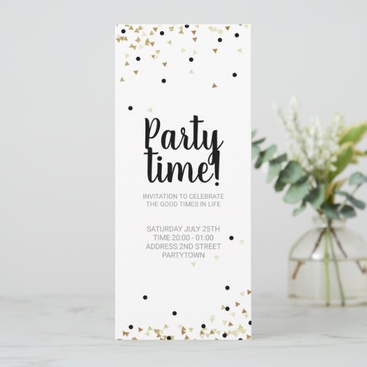 Einladung Party Time Gold Confetti Handschrift (Stehend Vorderseite)