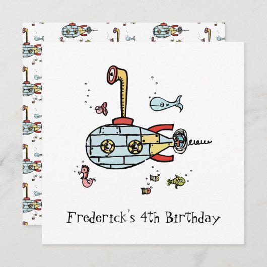 Einladung personalisierter U-Boot-Kinder zum Gebur (Vorne/Hinten)