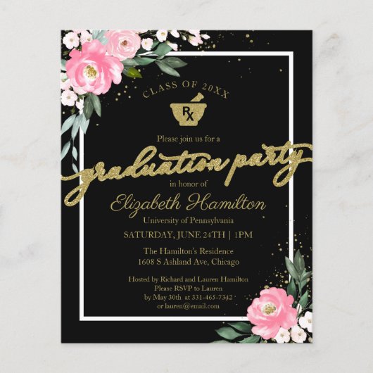 Einladung Pharmacy Grad Party Floral Black (Vorderseite)