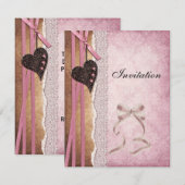 Einladung Pink Antique Paper Bow Herz (Vorne/Hinten)