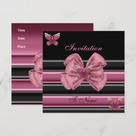 Einladung Pink Butterfly Bow Black Strip 2 (Vorne/Hinten)