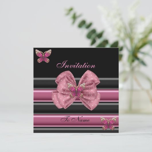 Einladung Pink Butterfly Bow Black Strip 2 (Stehend Vorderseite)