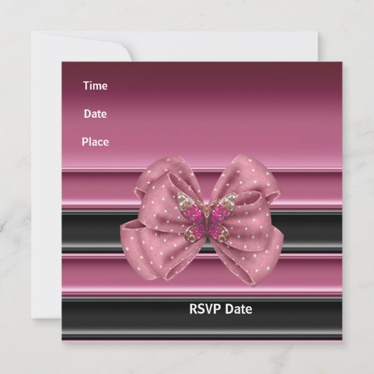 Einladung Pink Butterfly Bow Black Strip 2 (Rückseite)