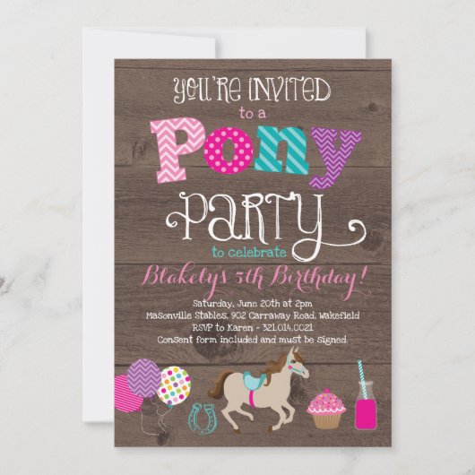 Einladung Pony Birthday Party (Vorderseite)