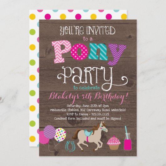 Einladung Pony Birthday Party (Vorne/Hinten)