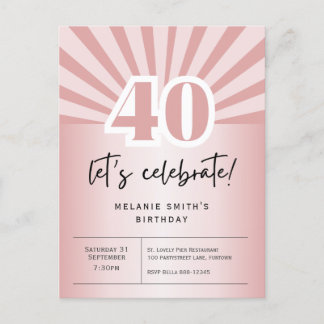 Einladung Postkarte 40. Geburtstag, Retro Rose Gol