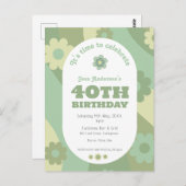 Einladung Postkarte Retro Salbei Grün 40. Geburtst (Vorne/Hinten)