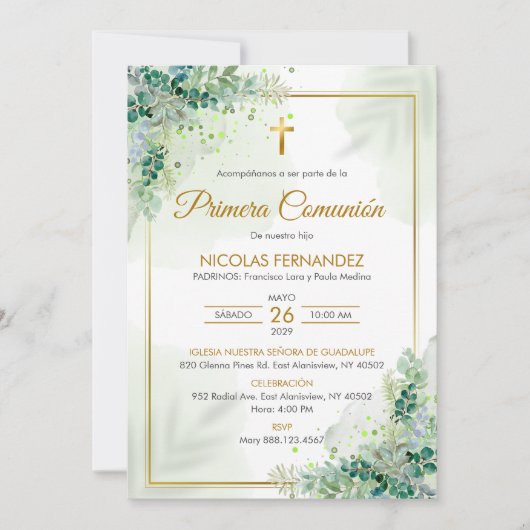 Einladung Primera Comunion - Grüne Blätter Kommune (Vorderseite)