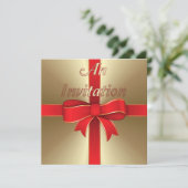 Einladung - Red Bow & Ribbon auf Gold (Stehend Vorderseite)