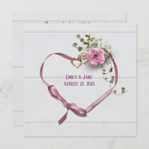 Einladung rosa Band Herz mit Ringen