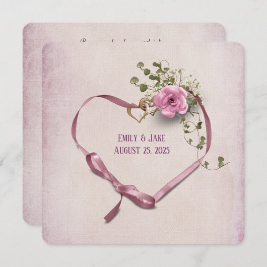 Einladung rosa Band Herz mit Ringen (Vorne/Hinten)