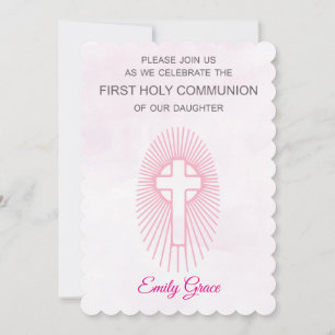 Einladung Rosa Erstkommunion Kreuz Strahlen