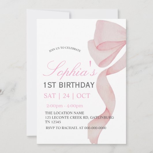 Einladung Rosa Schleife 1. Geburtstag Mädchen F (Vorderseite)