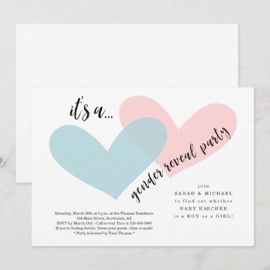 Einladung | Rosa und blaue Herzen (Vorne/Hinten)