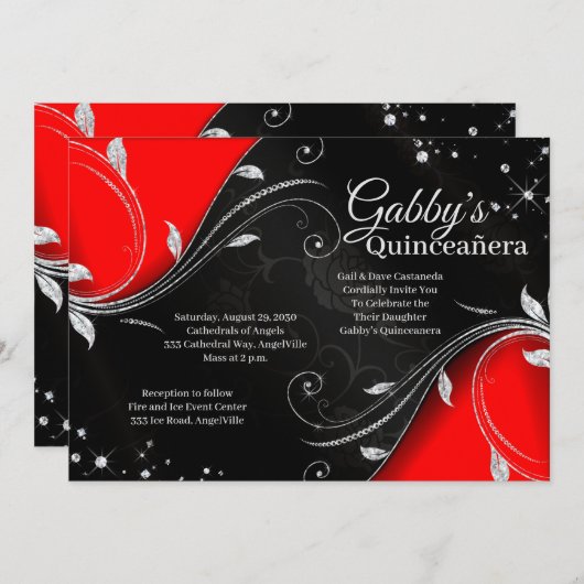 Einladung Rot und Schwarz Quinceñera oder Sweet 16 (Vorne/Hinten)