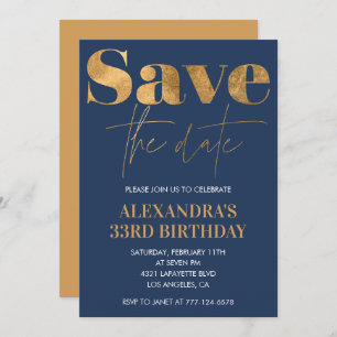 Einladung Save the Date Gold Navy zum 33. Geburtst