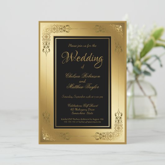 Einladung Schwarz mit Goldrahmen Hochzeitslackieru (Stehend Vorderseite)