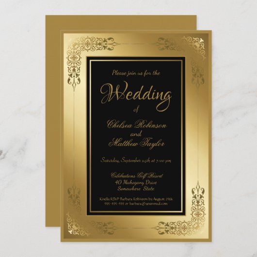 Einladung Schwarz mit Goldrahmen Hochzeitslackieru (Vorne/Hinten)