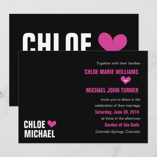 Einladung - Schwarz mit rosa Herzen (Vorne/Hinten)