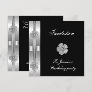 Einladung Schwarz Silber Diamant Blumen Schmuck