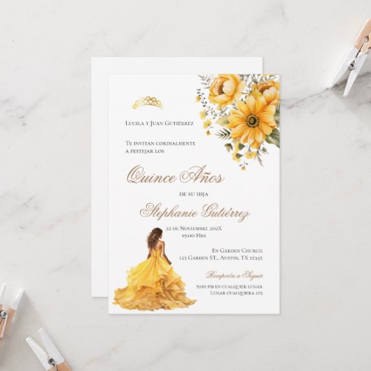 Einladung Spanisch Quinceanera gelbe Blumeninvisit (Vorderseite/Rückseite Beispiel)