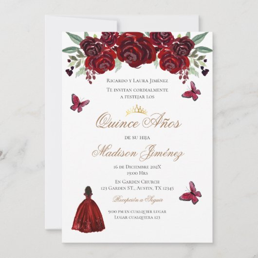 Einladung Spanisch Quinceanera rot Blumen einladen (Vorderseite)