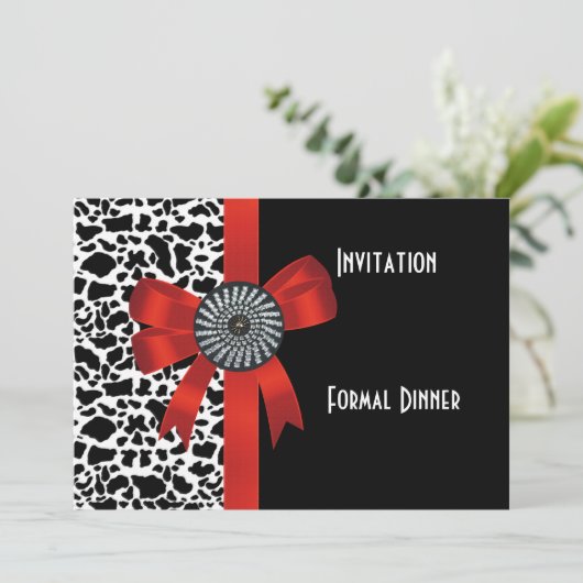 Einladung Tier Print Schwarz-weiß Red Bow (Stehend Vorderseite)