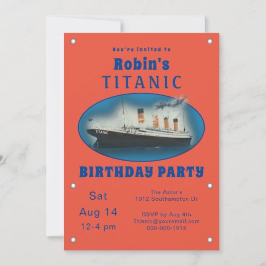 Einladung Titanic Orange zum Geburtstag (Vorderseite)