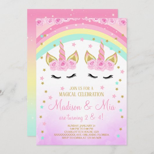 Einladung, Twins Einhorneinladung Einladung (Vorne/Hinten)