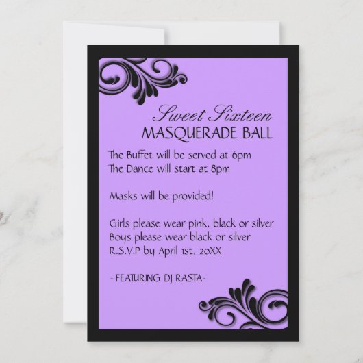 Einladung von 16 . Geburtstag Masquerade (Rückseite)