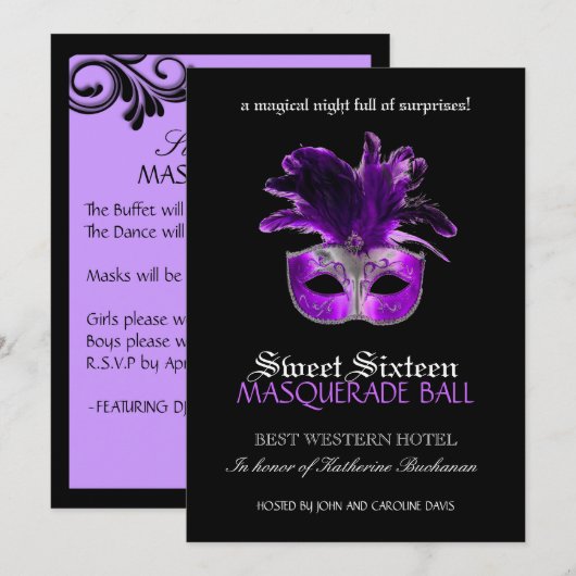 Einladung von 16 . Geburtstag Masquerade (Vorne/Hinten)