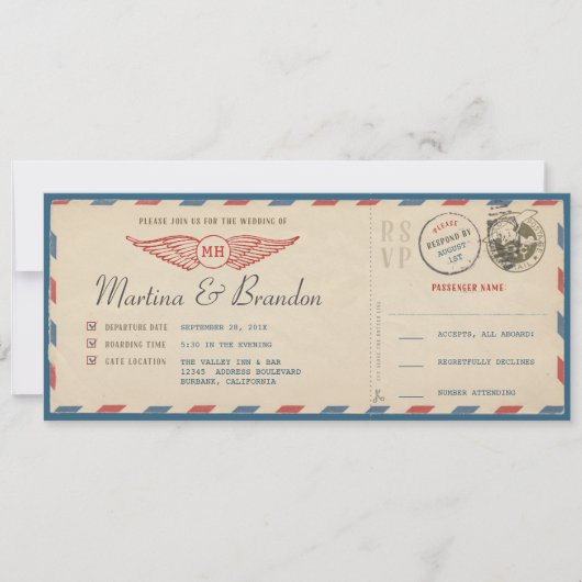 Einladung von Airmail Boarding Pass Hochzeit (Vorderseite)