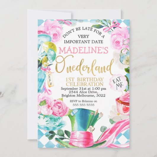 Einladung von Alice in Onederland zum 1. Geburtsta (Vorderseite)