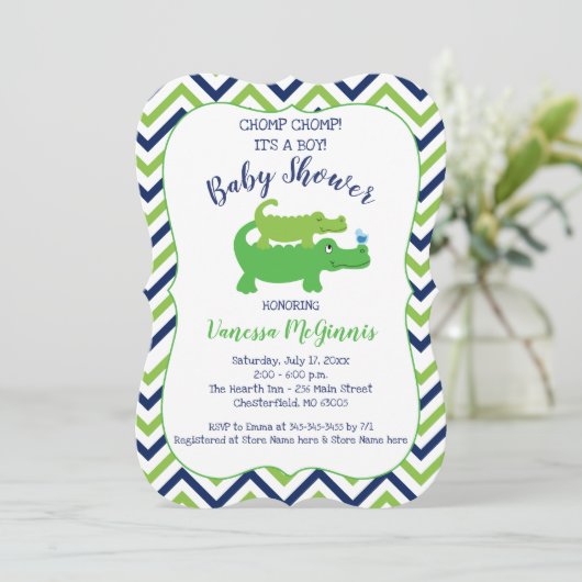 Einladung von Alligator Green Blue Boy Baby Shower (Stehend Vorderseite)