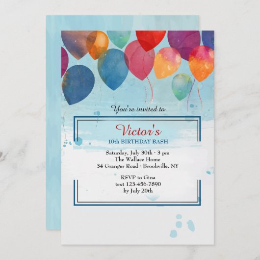 Einladung von Aquarellballons (Vorne/Hinten)