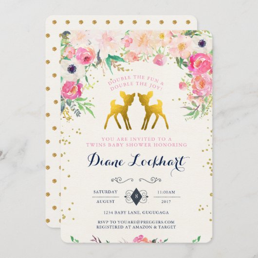 Einladung von Baby Deer Twin Baby Dusche (Vorne/Hinten)