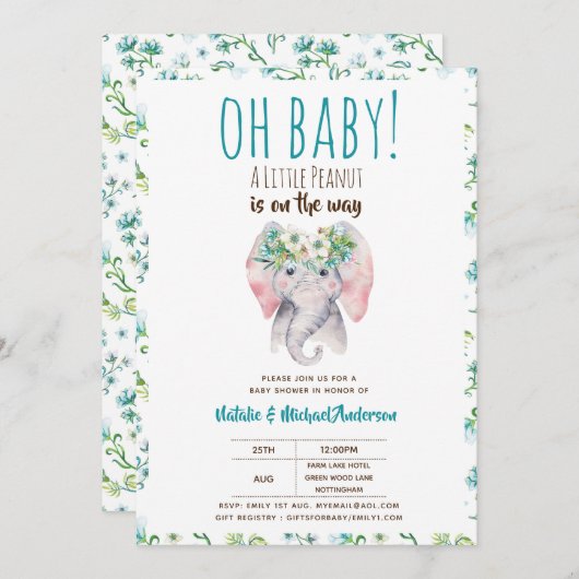 Einladung von Baby Elephant Dusche, Boho Floral (Vorne/Hinten)